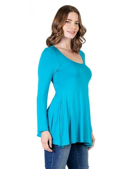 24seven Comfort Apparel Blue Long Sleeve Solid Color Swing Style Flared Tunic Top