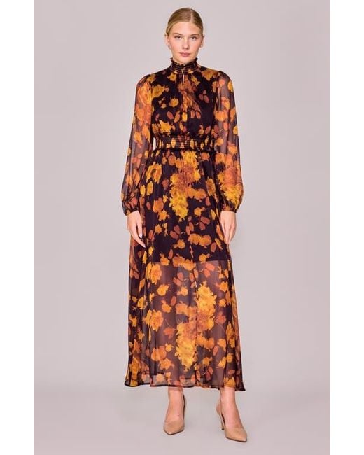 MELLODAY Orange Floral Long Sleeve Chiffon Dress