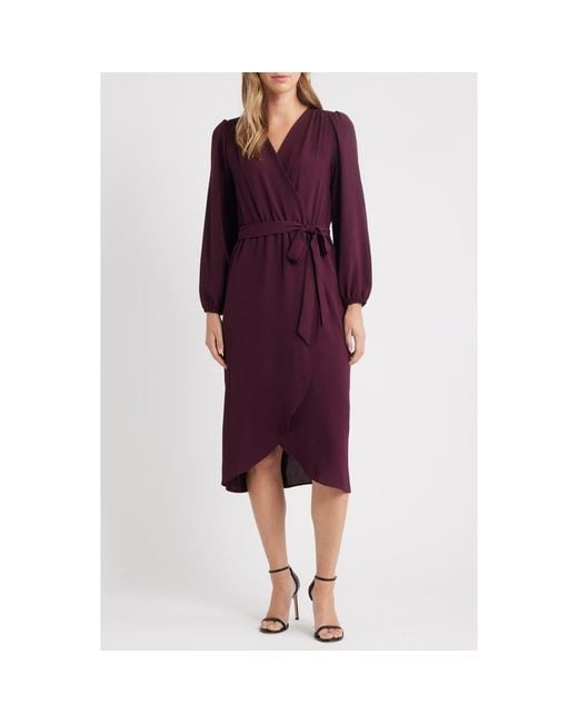 connected apparel purple dress Connected Apparel Long Sleeve Faux Wrap Midi Dress in Purple
