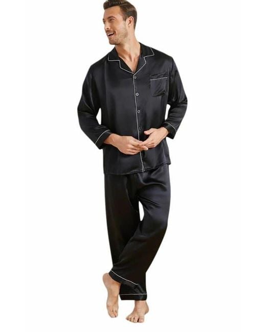 SILKSILKY Men's Black Silk Lapel Long Sleeve Pajamas Set