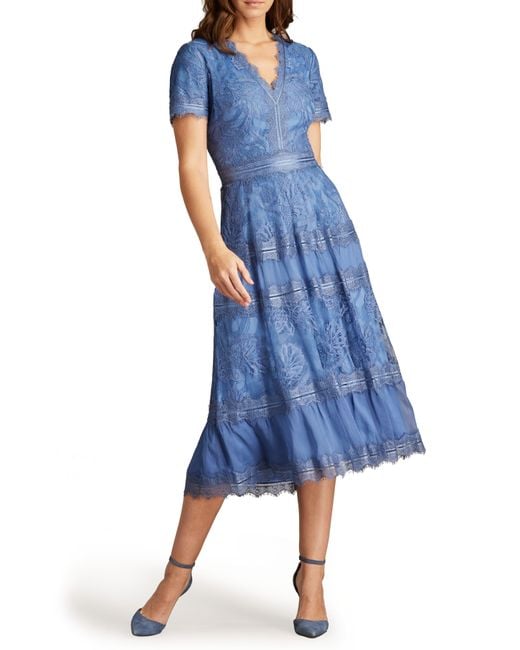 Tadashi Shoji Blue Lace & Mesh Midi Cocktail Dress