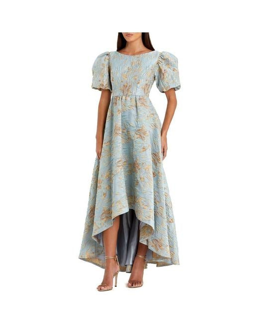 Mac Duggal Blue Brocade High-Low Gown With Puff Sleeves