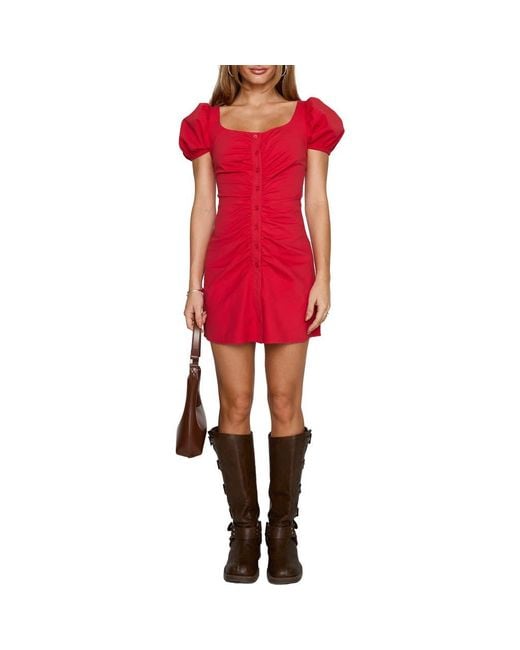 Princess Polly Red Back To Paris Ruched Puff Sleeve Minidress
