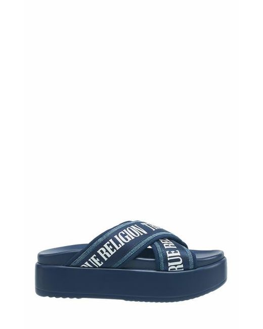 True Religion Blue Alia Cross Strap Slip On Platform Sandal