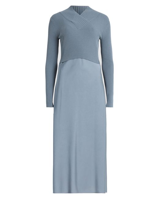 AllSaints Blue Hana Mixed Media Long Sleeve Dress