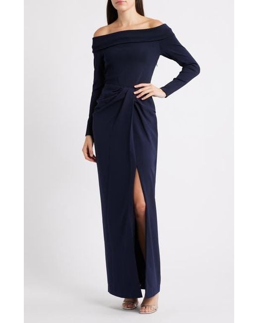 Ralph Lauren Blue Off The Shoulder Long Sleeve Rib & Crepe Gown