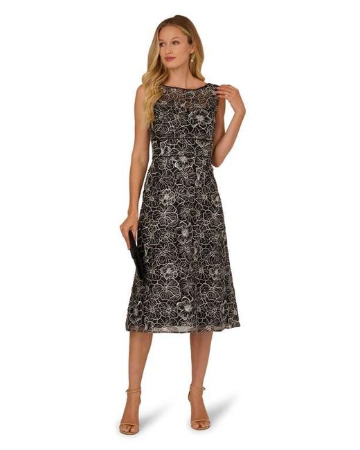 Adrianna Papell Floral Embroidery Cocktail Midi Dress in Black | Lyst
