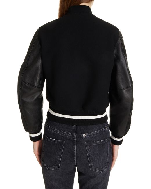 Givenchy Black Regular Fit Leather & Wool Blend Crop Varsity Jacket