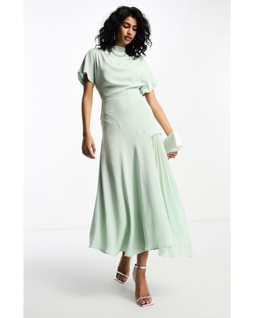 ASOS Green Flutter Sleeve Hammered Satin Midi Dress