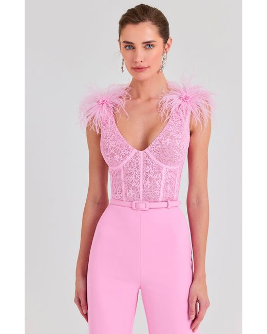 Nadine Merabi Pink Ostrich Feather Lace Bodice Belted Jumpsuit