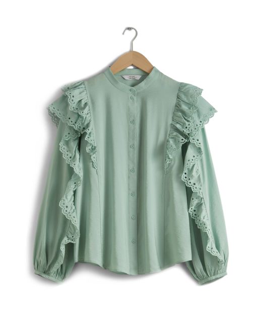 & Other Stories Green & Ernestine Eyelet Ruffle Button-up Shirt