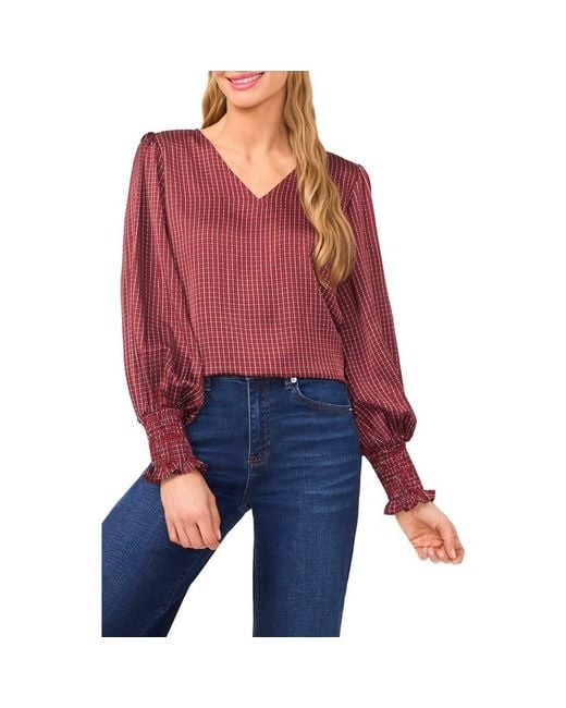 Cece Red Print Smocked Cuff Top