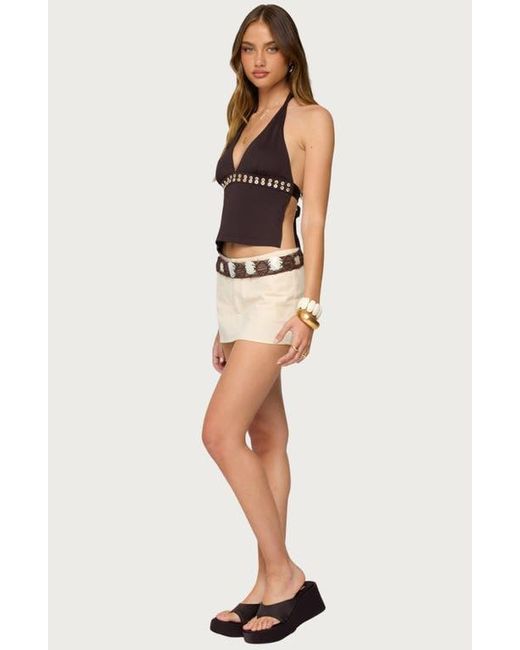 Edikted Brown Button Trim Open Back Halter Top