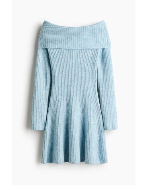 h&m blue ribbed dress Ladies - Navy Blue Rib-Knit Off-the-Shoulder Dress - Size: L