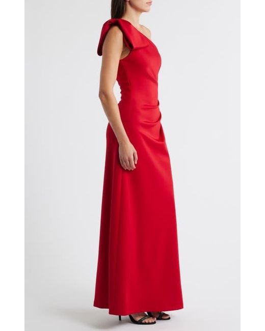 Black Halo Red Zyra Bow Shoulder Ruched Gown