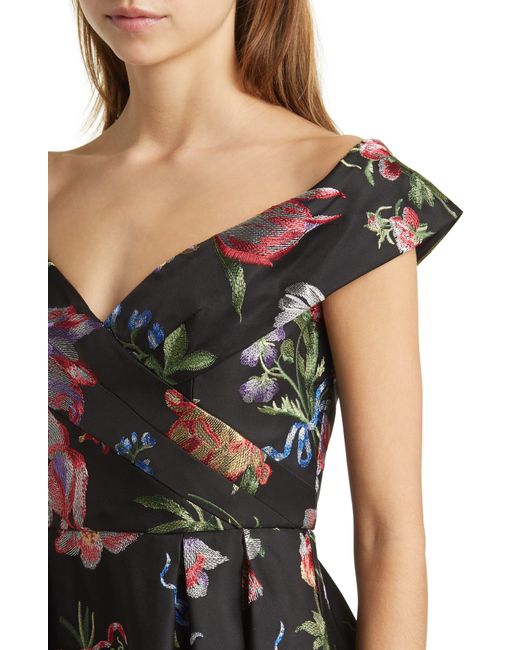 Marchesa Black Floral Embroidered Off-the-shoulder A-line Gown