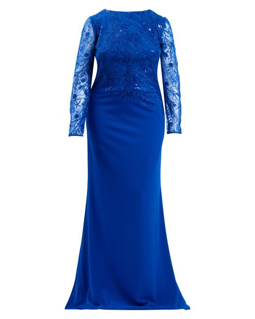 Tadashi Shoji Blue Sequin Floral Long Sleeve Gown