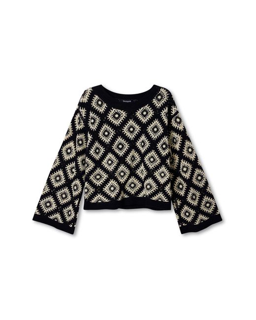 Desigual Black Jers Willow Granny Square Crochet Sweater