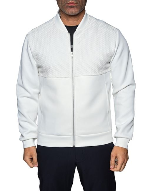 Maceoo White Resistance047 Embossed Bomber Jacket for men