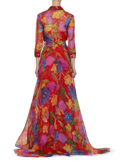Carolina Herrera Red Floral Print Silk Chiffon Trench Gown