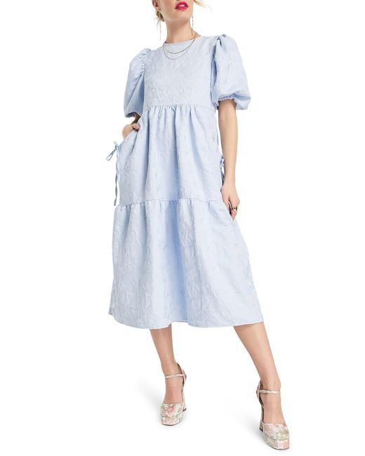 ASOS Puff Sleeve Jacquard Midi Dress in Light Blue (Blue) | Lyst