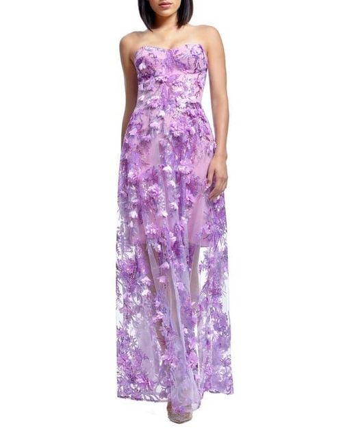 Dress the Population Purple Melissa Sequin Floral Appliqué Strapless Gown