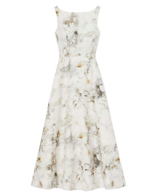 Lafayette 148 New York White Leaves Print Bateau Neck Silk & Linen Gown