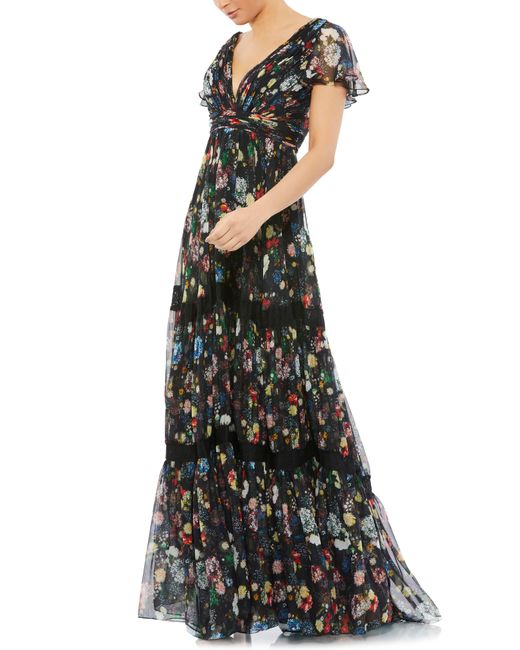 Mac Duggal Multicolor Floral Print Tiered Empire Waist Chiffon Gown