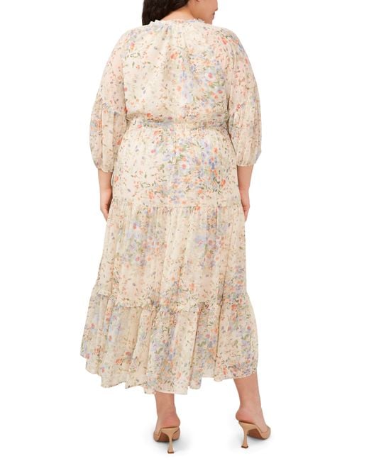 Cece Natural Floral Tiered Long Sleeve Maxi Dress