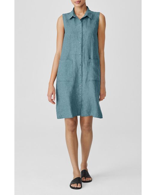 Eileen Fisher Blue Sleeveless Organic Linen Shirtdress