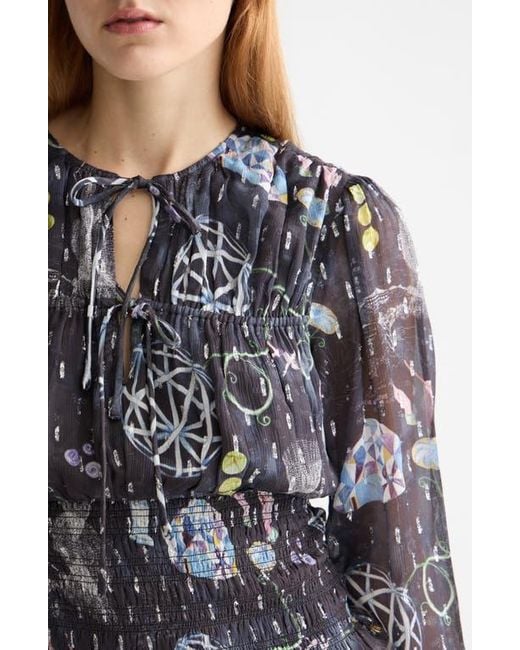 Scotch & Soda Gray Long Sleeve Smocked Waist Chiffon Top