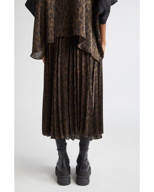 Sacai Black Pleated Leopard Print Satin Midi Skirt