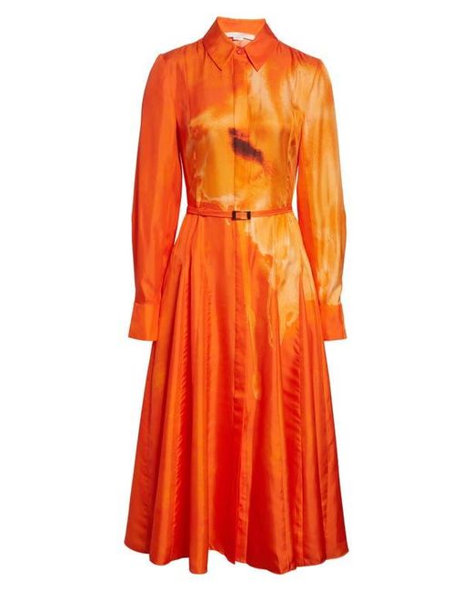 Jason Wu Red Watercolor Floral Print Pleated Long Sleeve Silk Twill Shirtdress