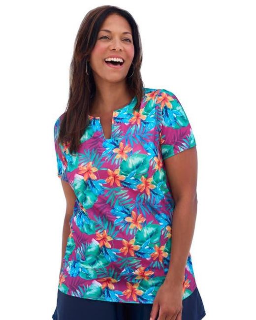 Swim 365 Women's Blue Split-Neck Short Sleeve Swim Tee With Built