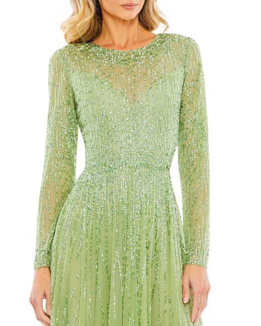 Mac Duggal Green Sequin Long Sleeve A-line Gown