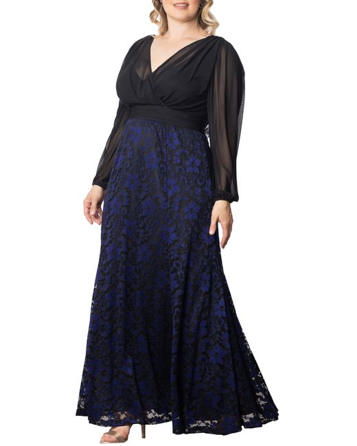 Kiyonna Blue Mon Tresor Long Sleeve Lace & Chiffon Gown