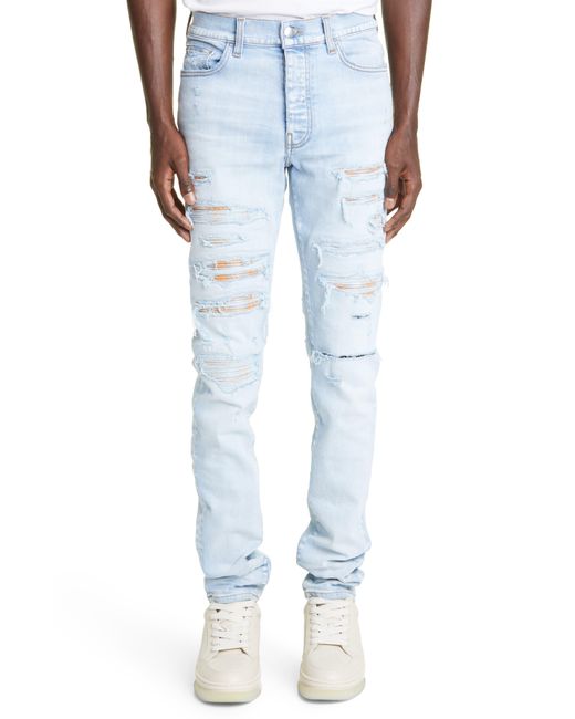 Amiri Denim Thrasher Plaid Patches Skinny Jeans in Light Indigo (Blue