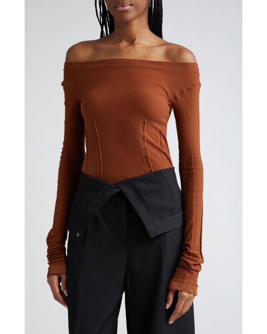 Acne Brown Enia Off The Shoulder Sheer Top