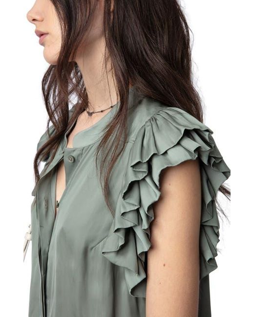 Zadig & Voltaire Green Tiza Ruffle Satin Button-Up Blouse