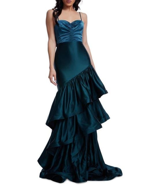 Dress the Population Blue Clarice Tiered Ruffle Satin Gown