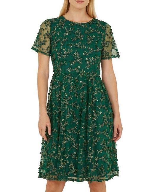 Yumi' Green Embroidered Floral Skater Dress