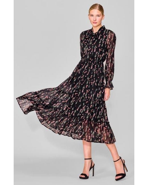 MELLODAY Black Tie Front Long Sleeve Tiered Midi Dress