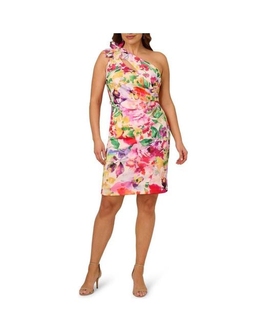 Adrianna Papell Red Print Cutout One-Shoulder Sheath Dress