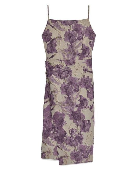 Donna Karan Red Floral Metallic Jacquard Midi Dress