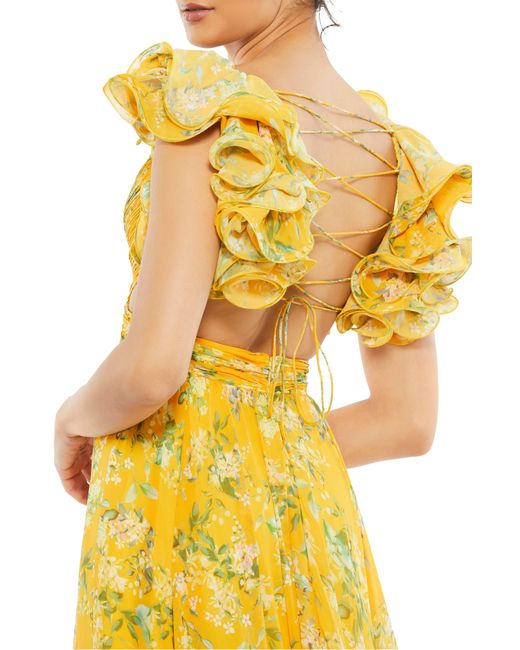 Mac Duggal Yellow Floral Chiffon Cutout Ballgown