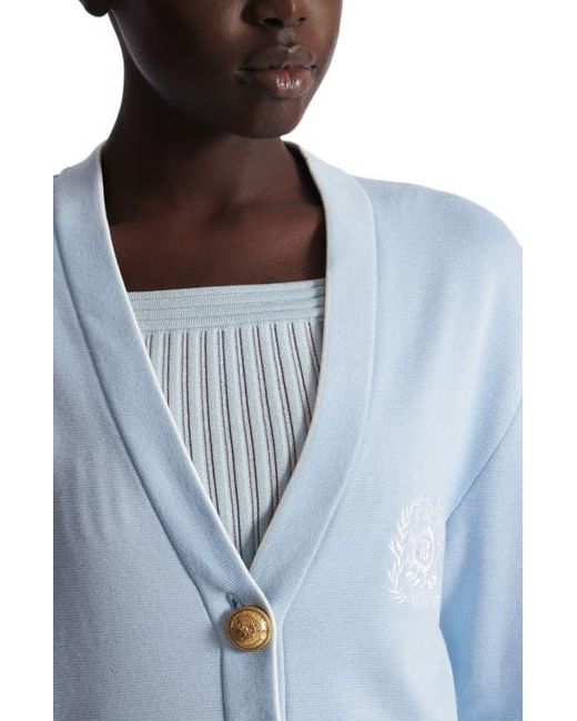 Balmain Blue Emblème-Embroidered Knit Cardigan
