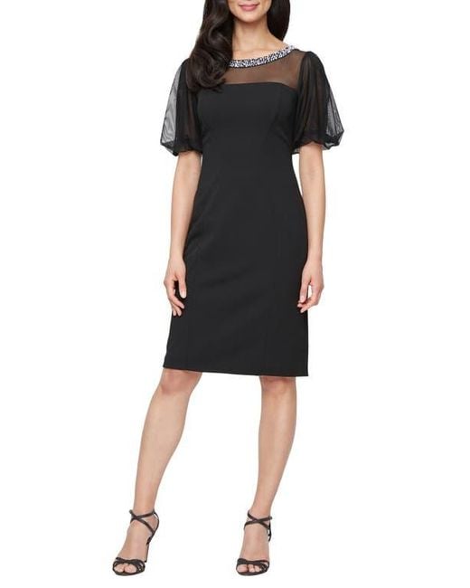 Alex Evenings Black Embellished Illusion Neck Crepe Sheath Cocktail Dress