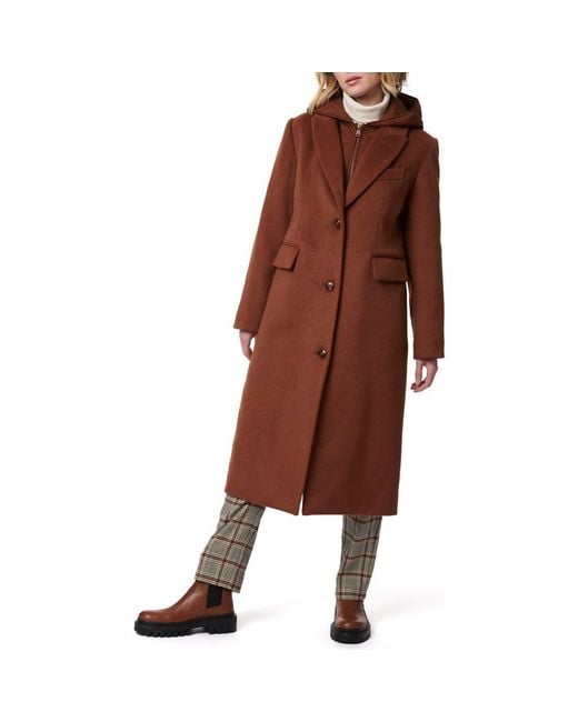 Bernardo Brown Long Coat With Hooded Quilted Bib
