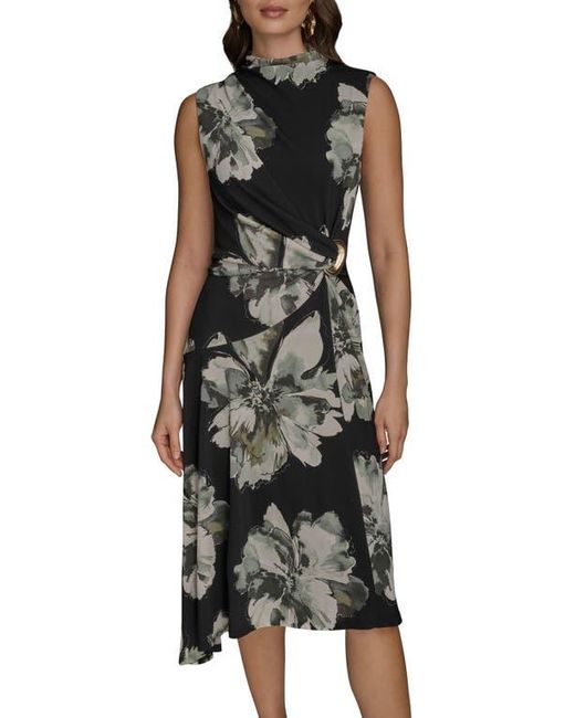 Donna Karan Black Floral Side Ruched Asymmetric Hem Dress