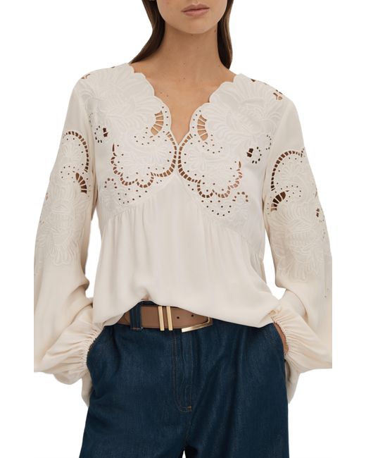 Reiss Natural Noa Embroidered Eyelet Blouson Sleeve Top